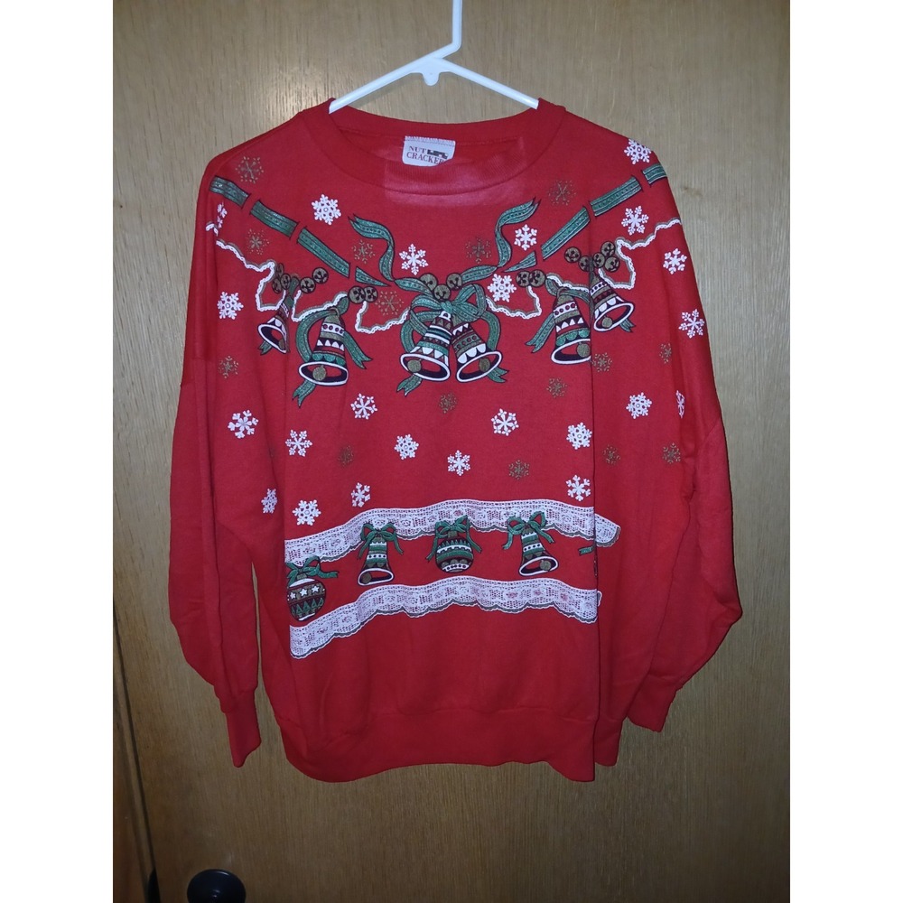 Vintage Nut Cracker Christmas Sweatshirt Medium Bells Lace Snowflakes Ugly Xmas